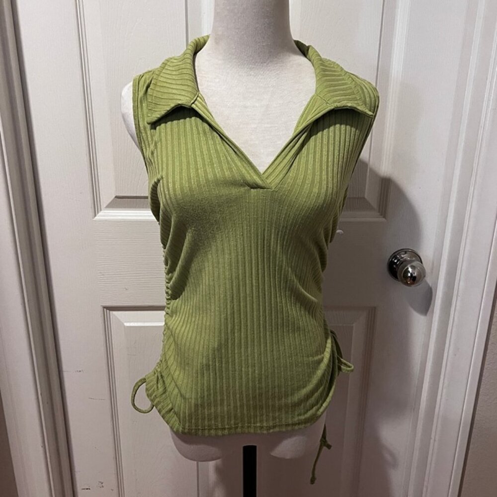 Kontrol Green Ribbed Knit Collared V-Neck Top